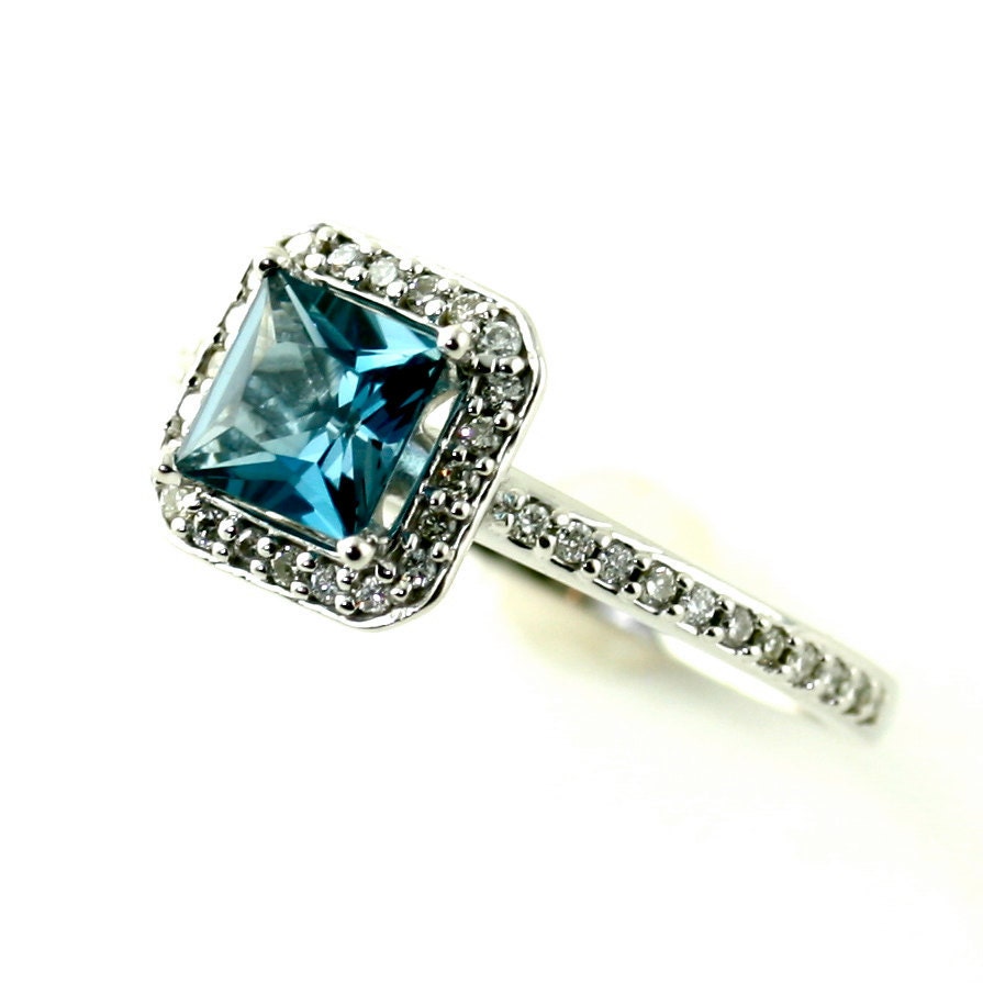 14K London Blue Topaz Diamond Ring Gemstone Engagement Ring Custom Princess Halo Setting 18K White Yellow Rose Gold Platinum