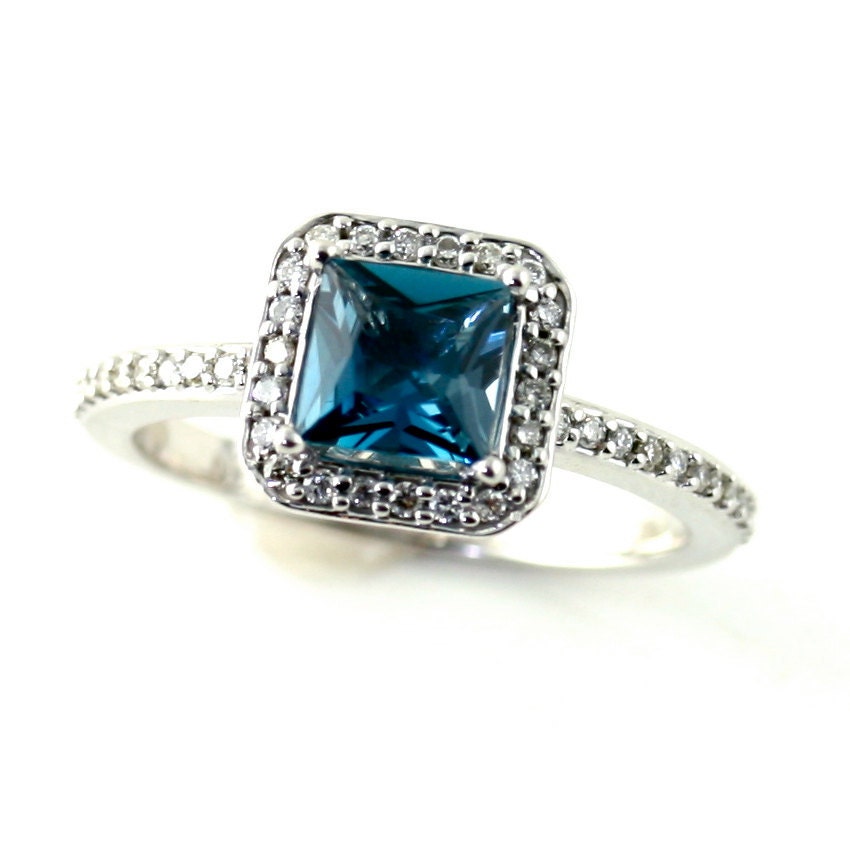 14K London Blue Topaz Diamond Ring Gemstone Engagement Ring Custom Princess Halo Setting 18K White Yellow Rose Gold Platinum