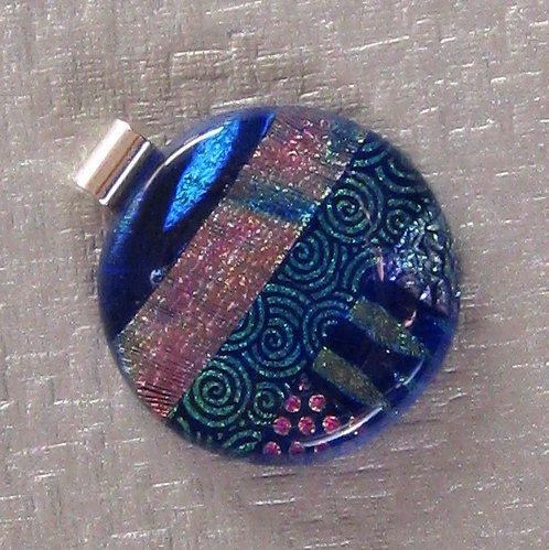 Blue Dichroic Pendant, Round Pendant, Fused Glass Jewelry, Dichroic Jewelry