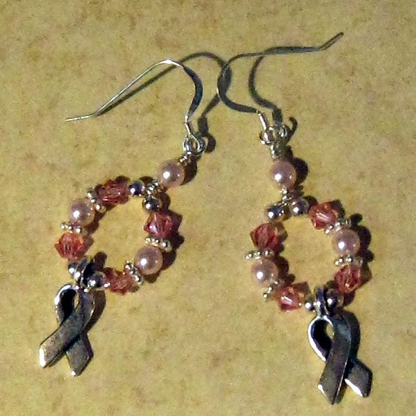 Breast Cancer Awareness Earrings, Swarovski Crystal and Pearl Earrings
