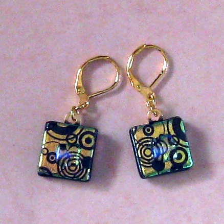 Gold Dichroic Earrings, Fused Glass Jewelry, Dichroic Glass Jewelry,
