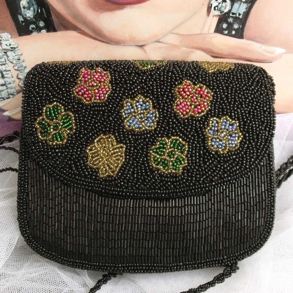 Vintage All BLACK beaded Multicolored flowers ceremony purse