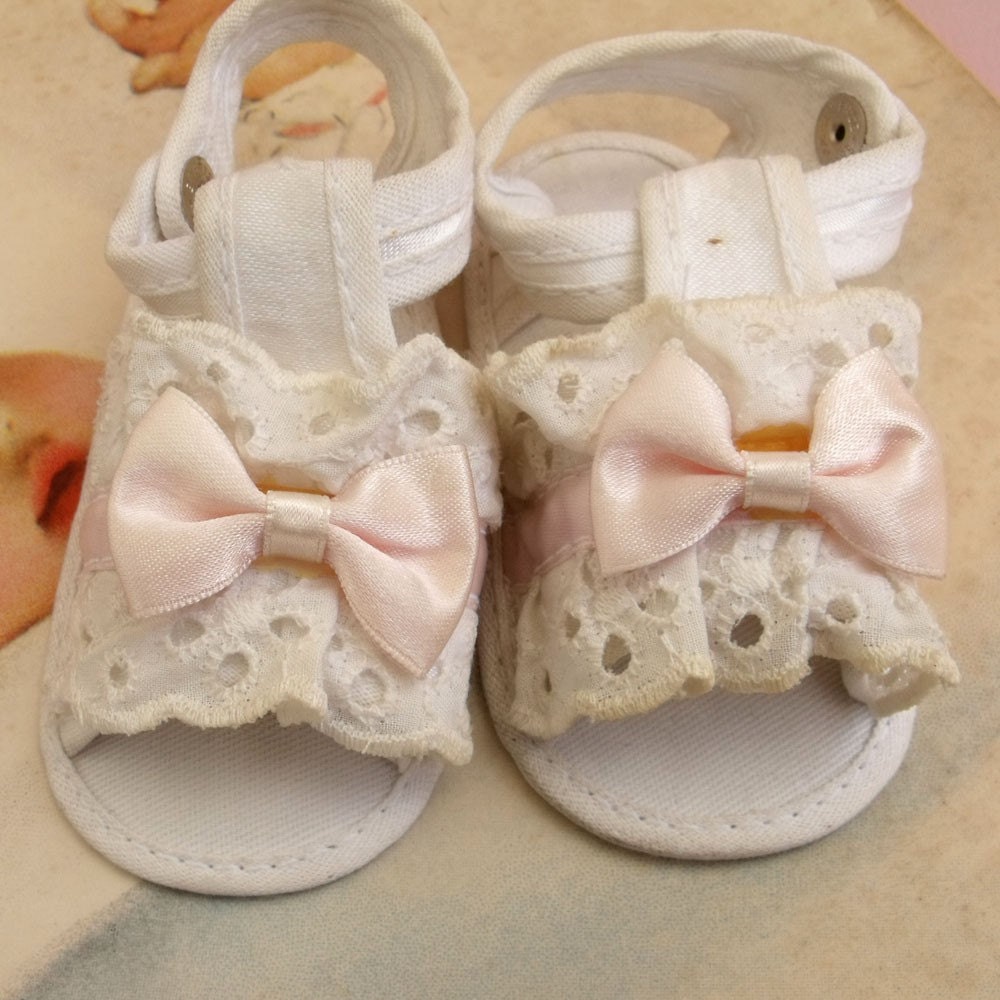 Vintage satin Pink bow baby Sandals..... ruffled embroidery