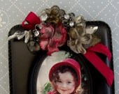 Vintage jewelled picture frame fridge Magnet... Cherry satin