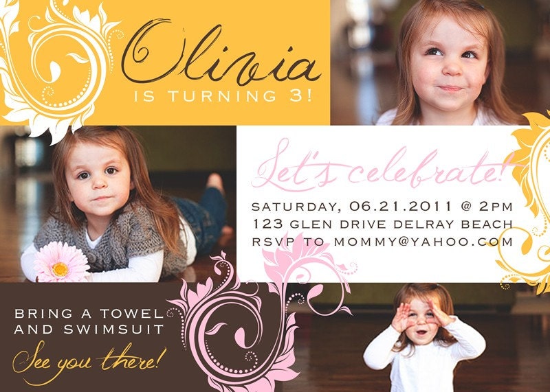 Pink and Yellow Girly Swirls - Custom Photo Birthday Party Invitation Cards for Girl