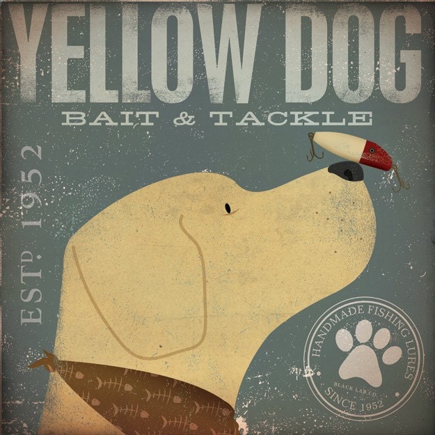 Yellow Dog Bait and Tackle Fishing company original graphic illustration on 12 X 12 canvas by Stephen Fowler