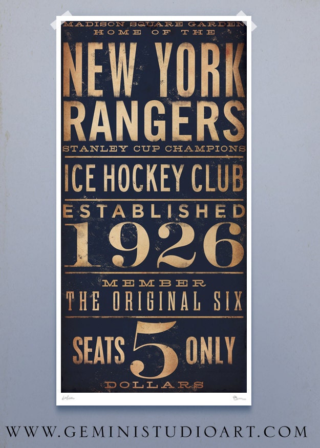 New York Rangers hockey club graphic art artwork archival Giclee print 10 x 20 inches