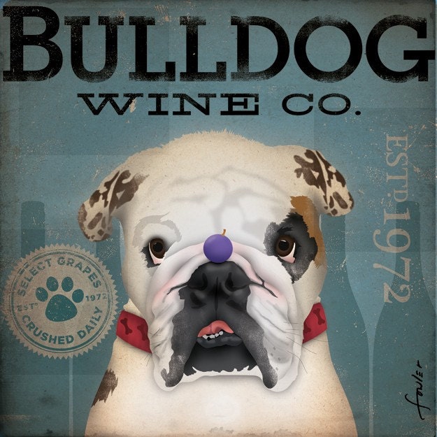 English Bulldog Winery illustration original graphic art on canvas 12 x 12 by stephen fowler