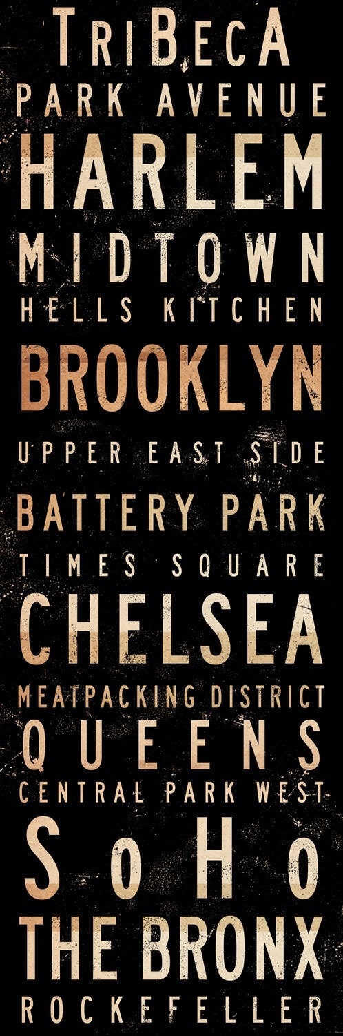 New York City Neighborhoods typography graphic Canvas Art 12 x 36  x 1.5 by stephen fowler