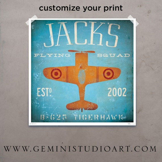 Children's Art flying squadron airplane original illustration giclee archival print 20 x 20 by stephen fowler