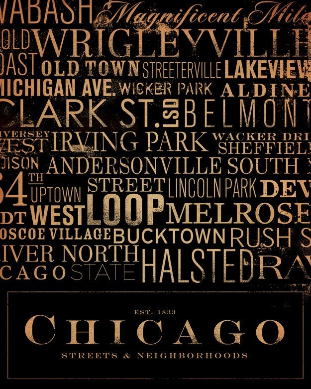 Chicago Streets Typography graphic word art on canvas 16 x 20 by stephen fowler