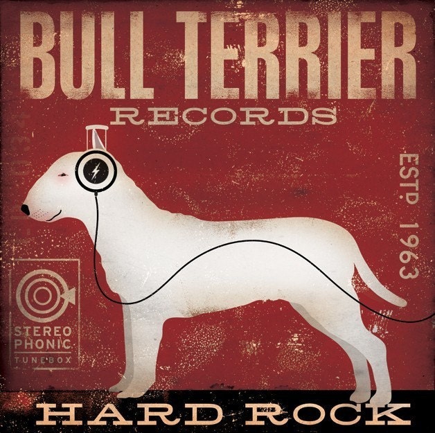BULL TERRIER  records original graphic art illustration on canvas 12 x 12 x 1.5 by stephen fowler
