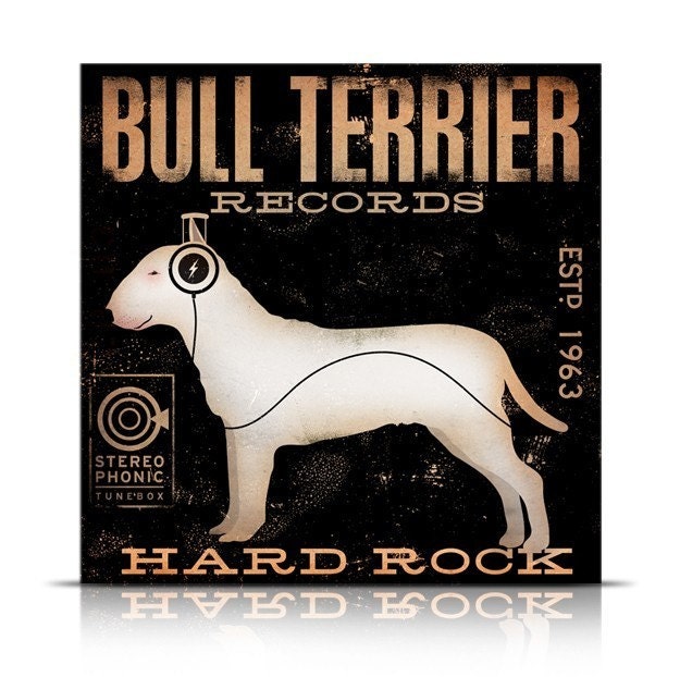 BULL TERRIER  records original graphic art illustration giclee archival print 12 x 12
