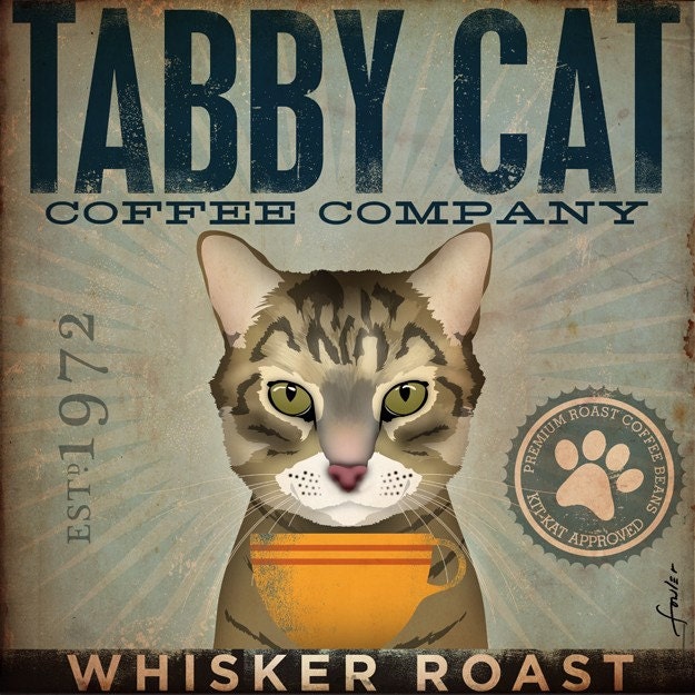 Tabby Cat Coffee Company graphic artwork on canvas original 12 x 12 inches by gemini studio