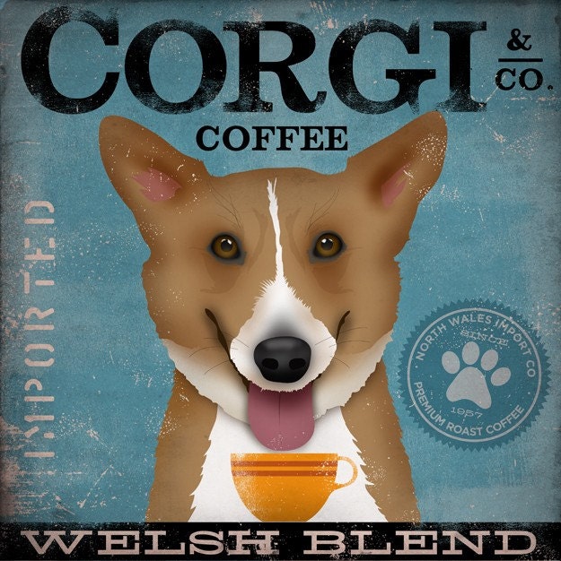 Welsh Corgi Coffee Company original graphic illustration giclee archival signed artist's print 12 x 12