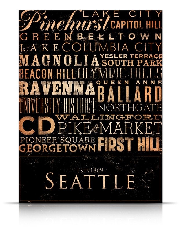 Seattle neighborhoods typography graphic art word on canvas 14 x 18 by stephen fowler