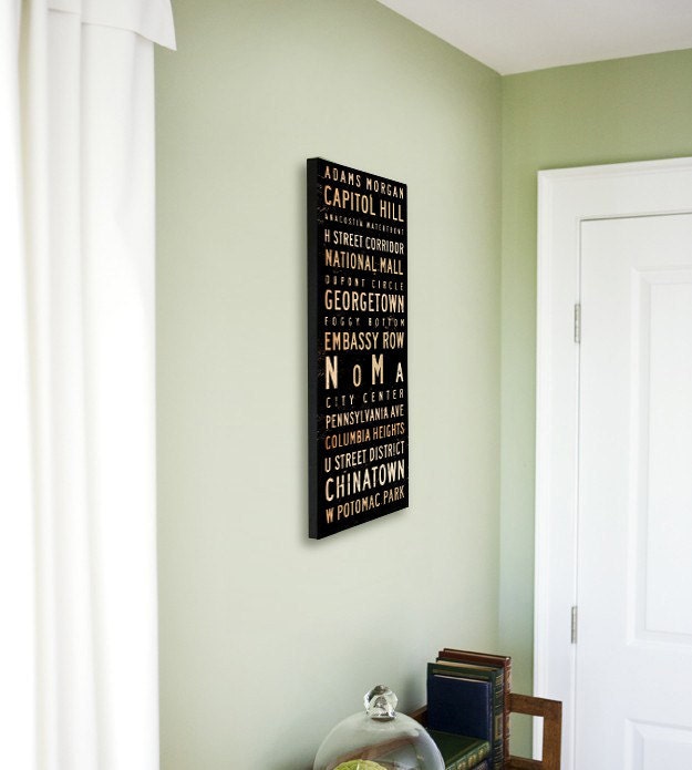 Washington D.C. neighborhoods typography graphic art on canvas original 8 x 24 x 1.5 by gemini studio