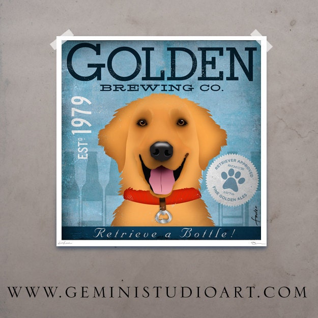 Golden Retriever Brewing Company original graphic illustration giclee archival signed artist's print 12 x 12