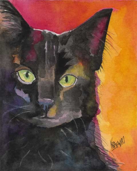 Black Cat Art Print of Original Watercolor Painting  - 8x10