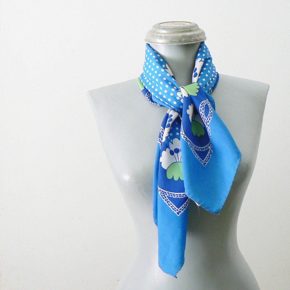 blue .vintage. flower and polka-dot scarf