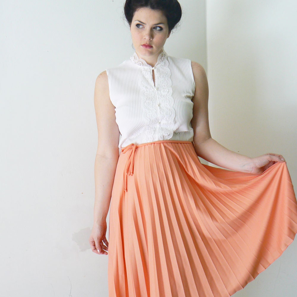 peach and white .vintage. (lace and pleated) dress