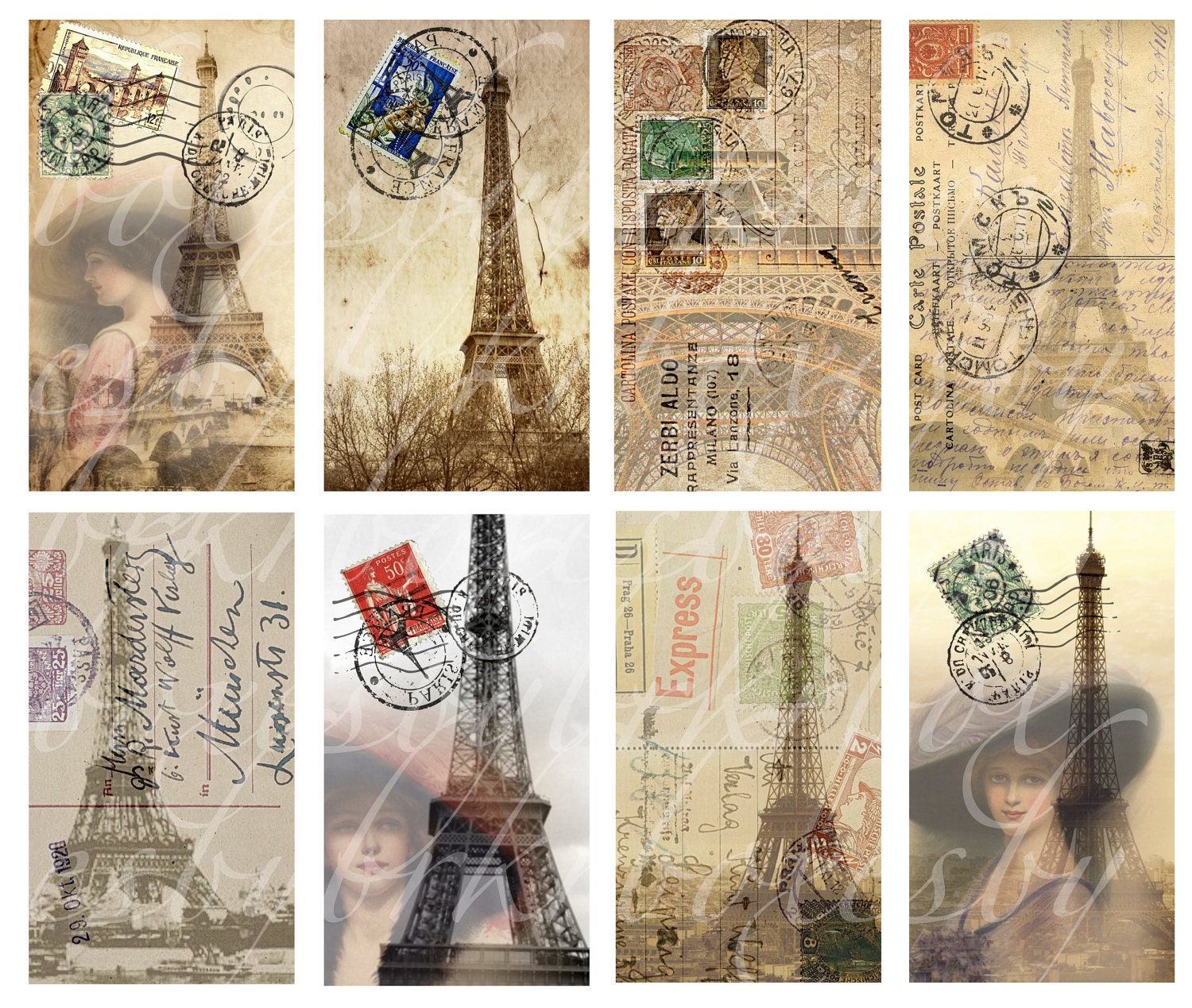 immediate download of 8 hang tags, images of Paris, Eiffel Tower, printable download for paper crafts, 2.25" by 4" -- no. 163