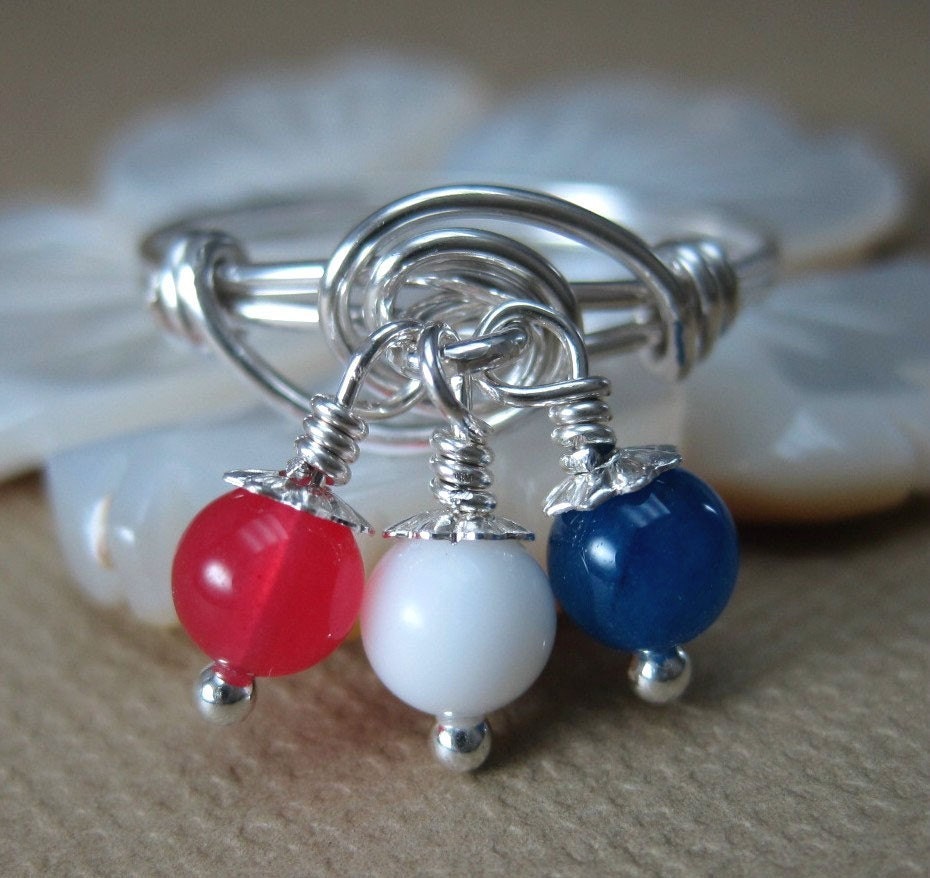 Dangle Ring Wire Wrapped Sterling Silver with Red, White and Blue Jade Dangles