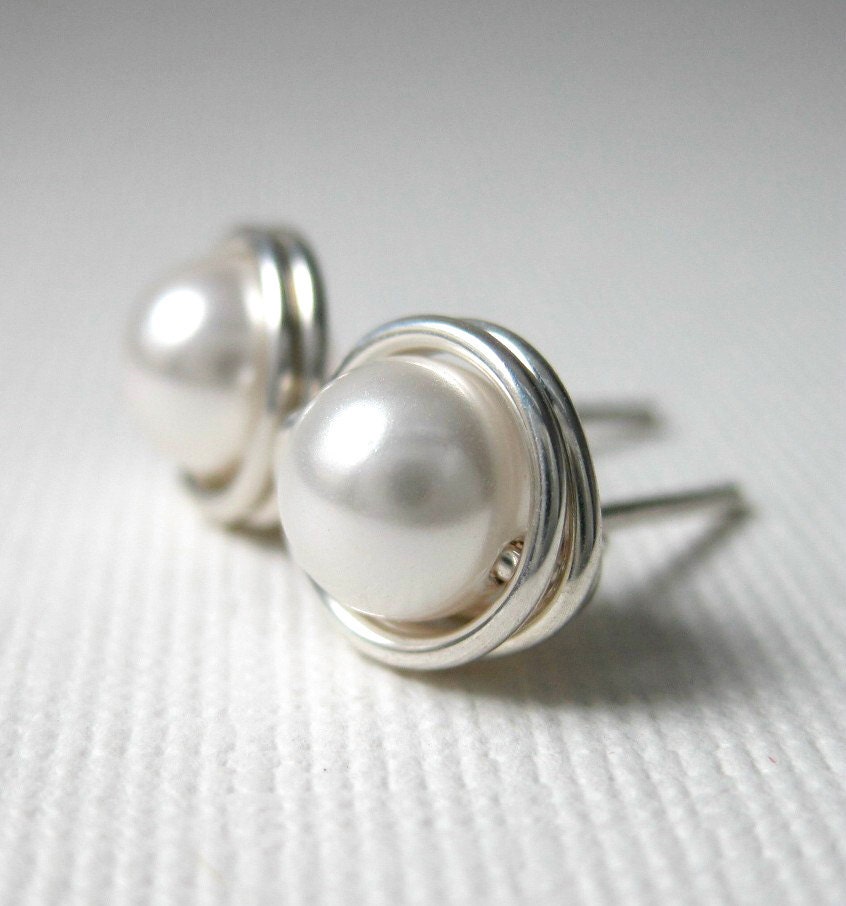 Pearl Stud Earrings 6mm Bridal Jewelry Wire Wrapped Swarovski Glass Pearls and Sterling Silver - White - Simply Studs -Colors Available