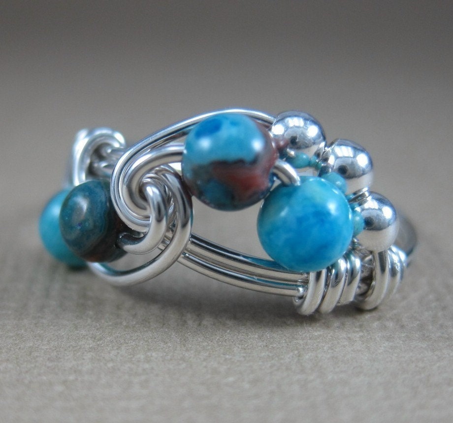 Wire Wrapped Ring Blue Crazy Lace Agate and Sterling Silver Fibonacci Sequence