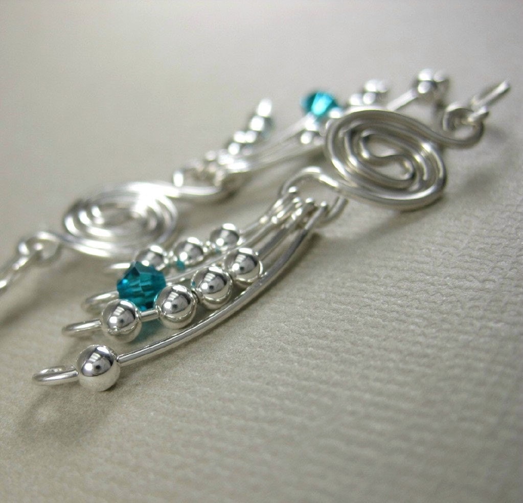 Pi -- Teal Blue Crystal and Sterling Silver Wire Wrapped Pi Dangle Earrings