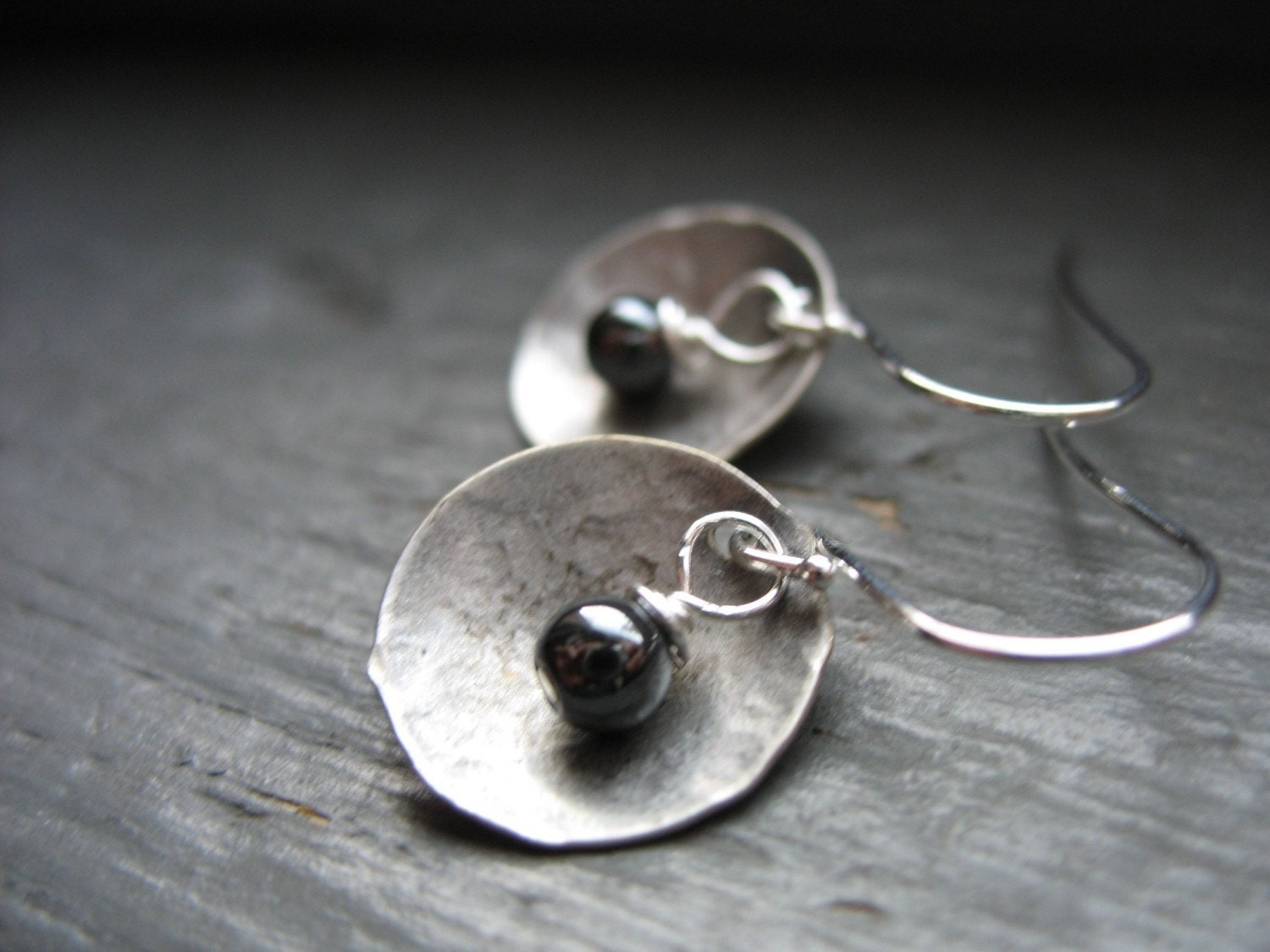 Hematite Earrings, Metalwork Earrings, Hematite Stone,  Hammered Silver Dome, Handmade Earrings, FREE Shipping