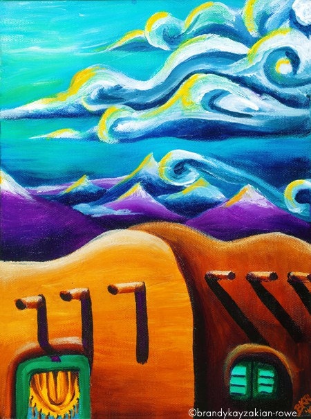 New Mexico Dreams art print, adobe house painting, sunset mountains, American Southwest