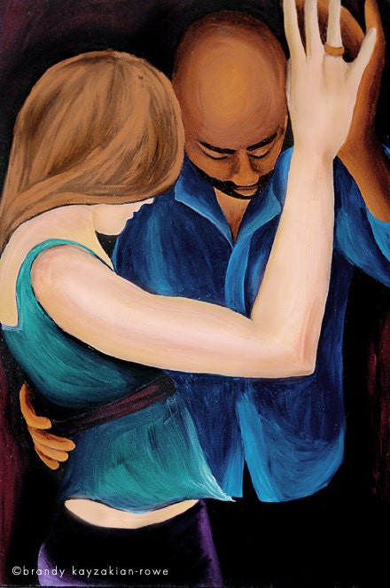 Interracial Couple Slow Dance Art Print - portrait painting, mixed race love