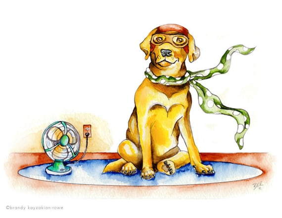 Labrador watercolor print - Dog art - Pilot Lab puppy painting print - flying Rolf