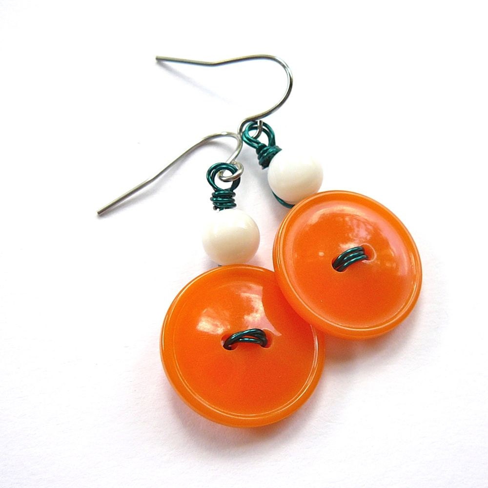 Bright Orange Vintage Button Dangle Earrings with white and teal - Fun and Funky Jewelry
