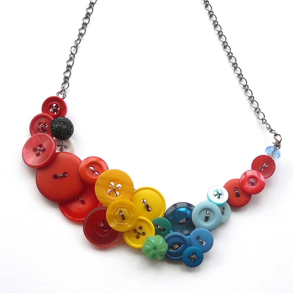 Tropical Bird Big Button Necklace in Bright Red, Yellow, Blue