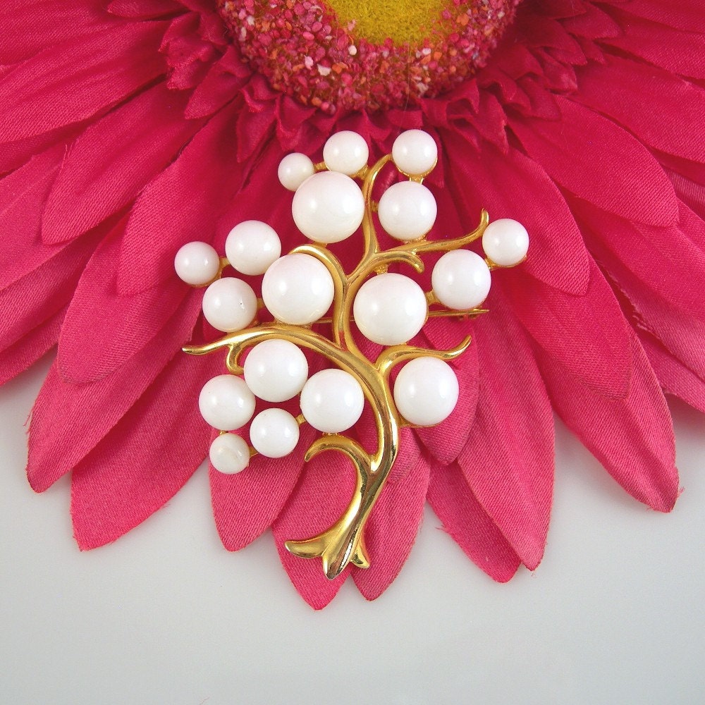 White Beaded Tree Brooch 2" Goldtone Setting Elegant Bridal Vintage 1980s Costume Jewelry Modern Design