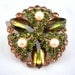 Rhinestone Brooch Olive Green & Gold Prong Set Stones White Faux Pearls Goldtone Metal Setting Vintage 1960s Costume Jewelry