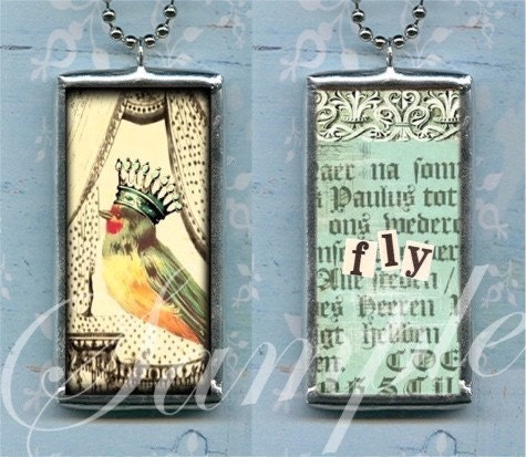 WHIMSICAL BIRD and CROWN pendant ALTEReD ArT necklace FLy soldered glass charm double sided