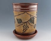 Wine Chiller with Carved Grapes on the Vine - Brick Red -Utensil Holder - Handmade wheel thrown pottery