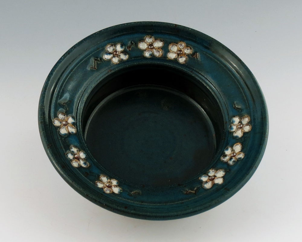 Cherry Blossom 3" Candleholder / Wine Bottle Coaster , Turquoise green, handmade wheel thrown pottery by Loma Prieta Pottery