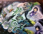 Japanese Mythical Creatures protecting a child from nightmares magnet