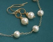 Everyday Pearl earrings, Tin Cup pearl bracelet set, freshwater pearls, gold filled ear wires and chain