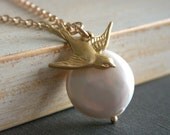 Bridesmaid jewelry, coin pearl necklace, bird charm, freshwater coin pearl, gold necklace, bridesmaid gift