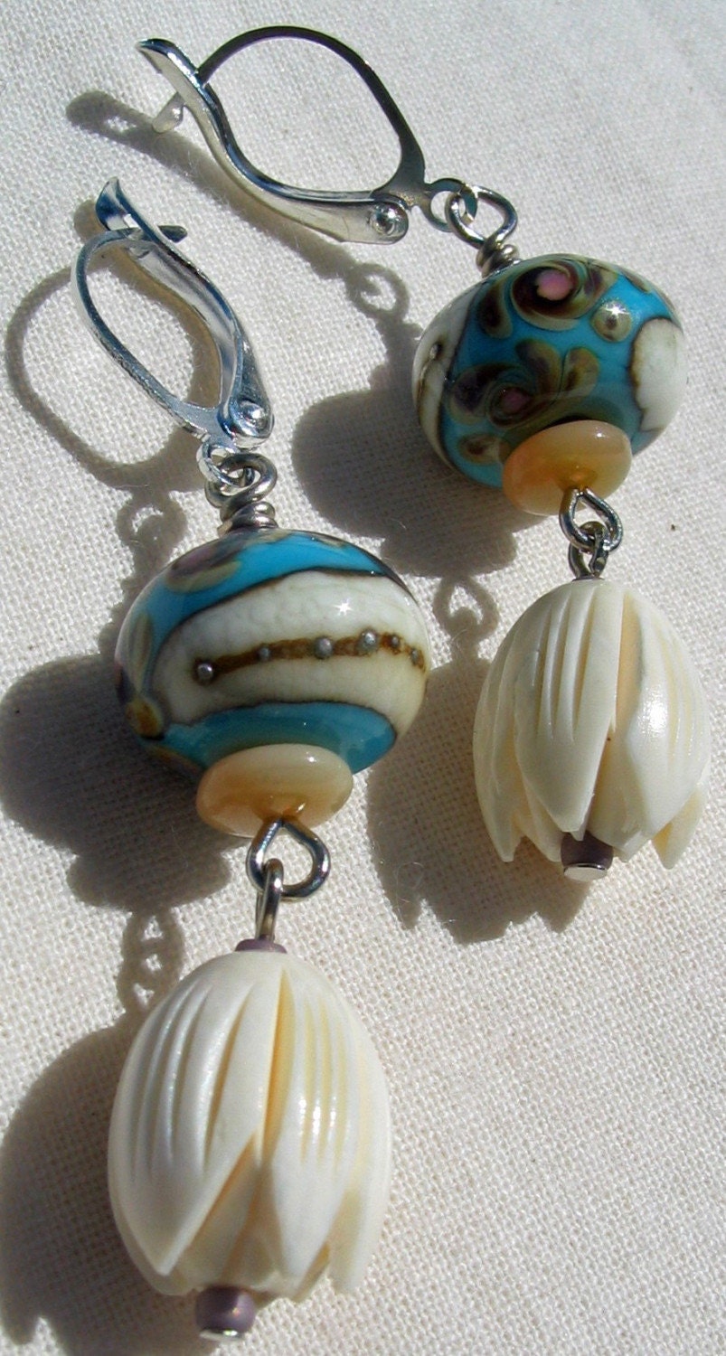 Lampwork Earrings - Vintage Ivory Flower Dangles - Aqua and Cream