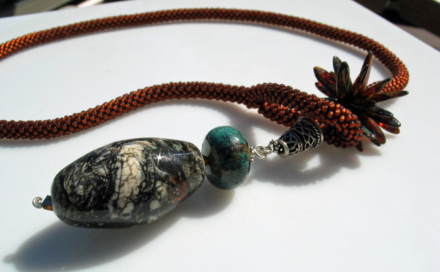 Copper Beaded Lariat Necklace with Lampwork and Turquoise stone