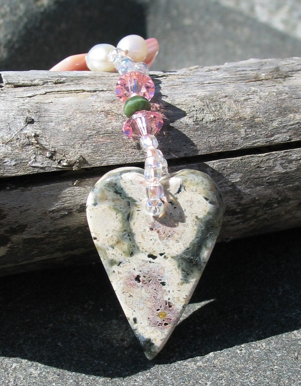 Pearl with Floral Ocean Jasper Heart Pendant Necklace - Sweet Pink and Green