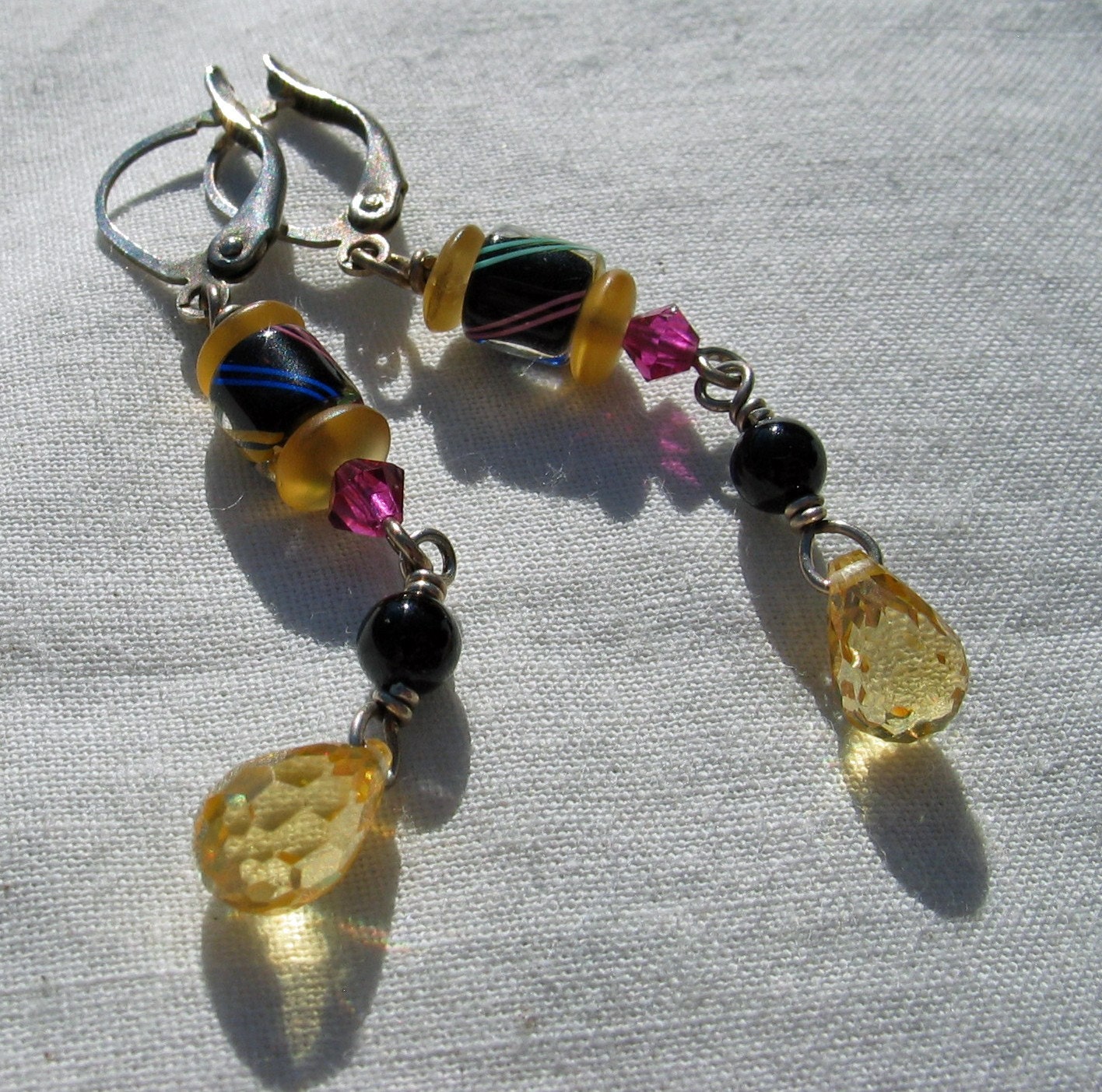 Art Glass in Black, Fuschia with Yellow CZ Dangle Earrings