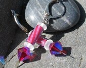 Fuschia Crystal Earrings with Candy Cane Art Glass