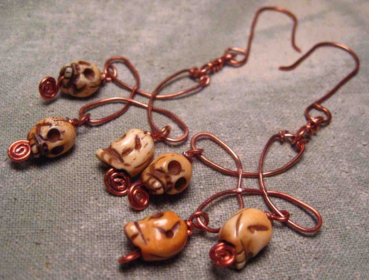 Earrings Copper Endless Knot and Bone Skull Day of the Dead